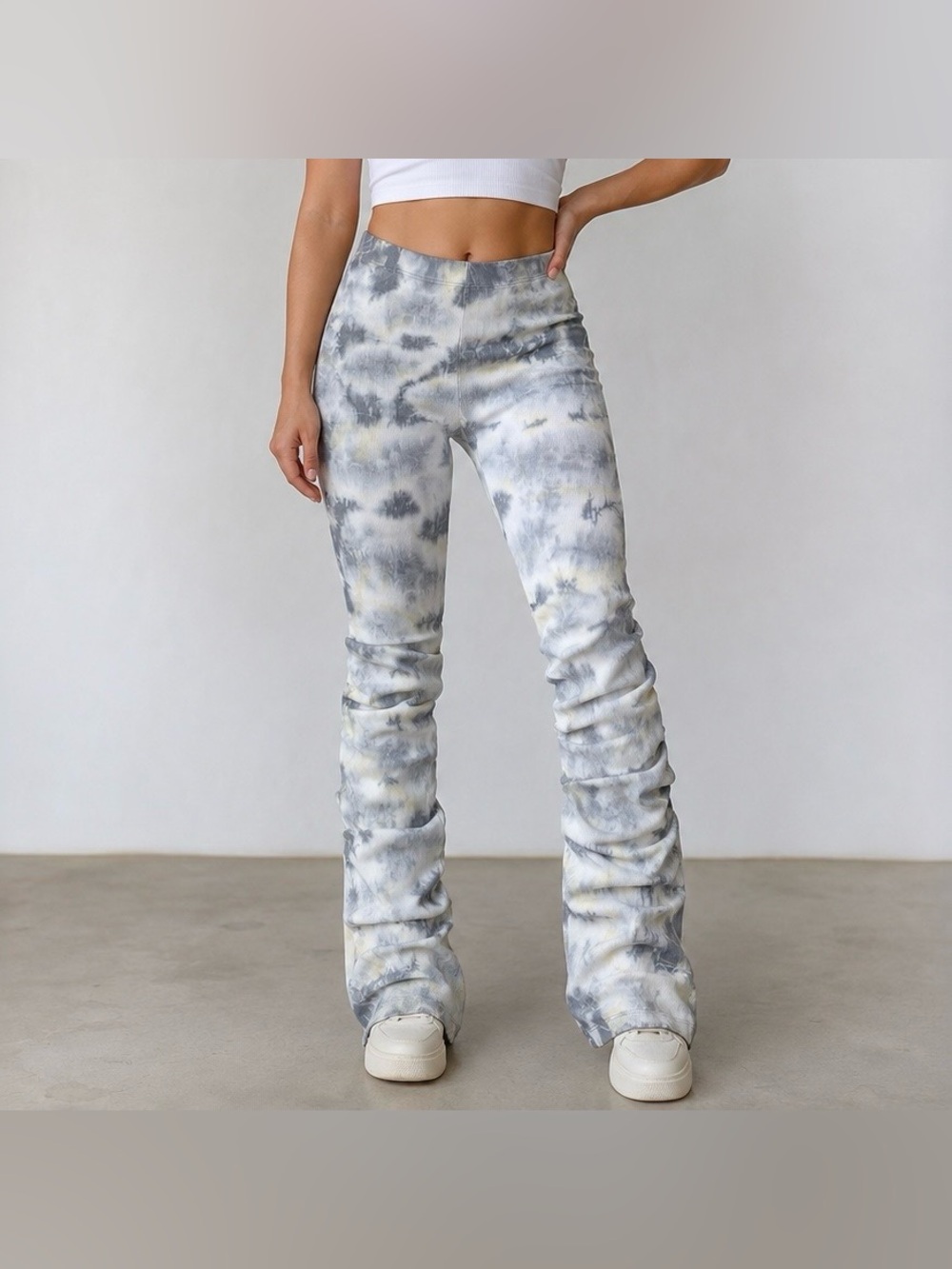 Zara Tie Dye Flare Leggings Slouch Ribbed Pants Grey White and Yellow Size S